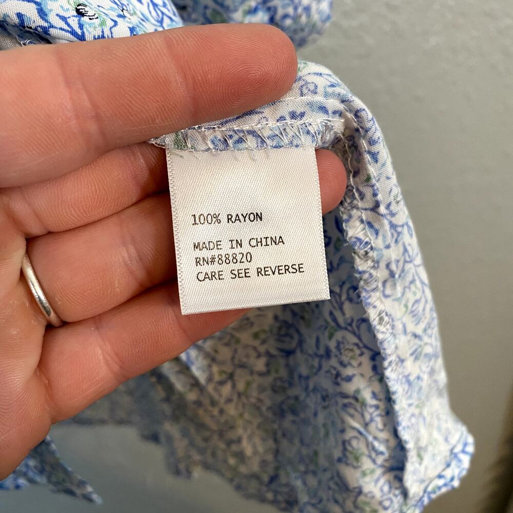Anne Carson 1x Womens White Blue Blouse Button Floral Blue Green 3/4 Sleeve - Picture 4 of 7